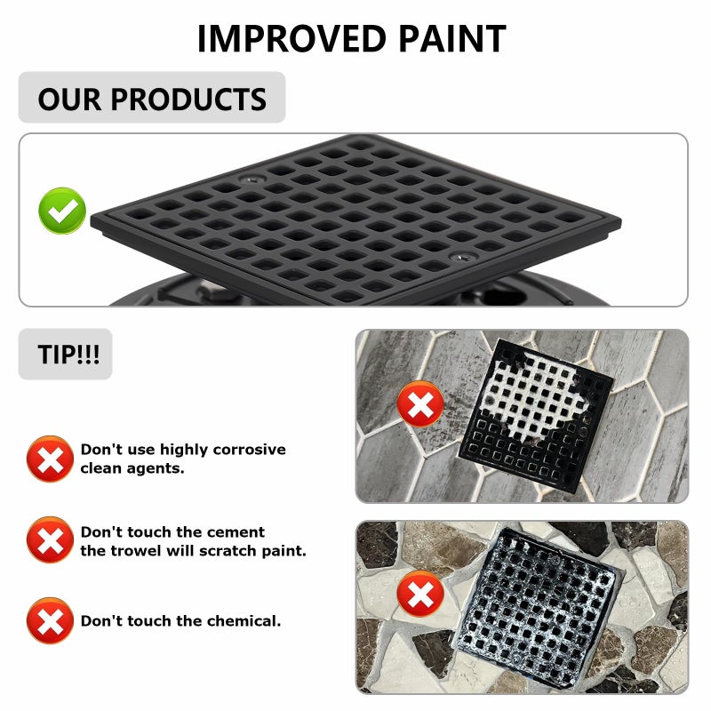 Uni-Green Matte Black Square Shower Drain 3.6 Inch with Hair Carcher and ABS Flange - Fit 2" or 3" Waste Pipe (ABS) - 304 Stainless Steel Shower Floor Drain Kit&CUPC - Image 5